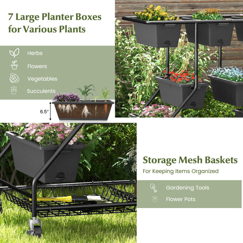 Vertical Raised Garden Bed with 7 Planter Boxes and Storage Baskets