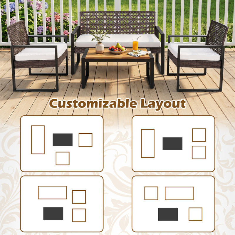 4-Piece Patio Set with Acacia Coffee Table and Wicker Chairs for Backyard