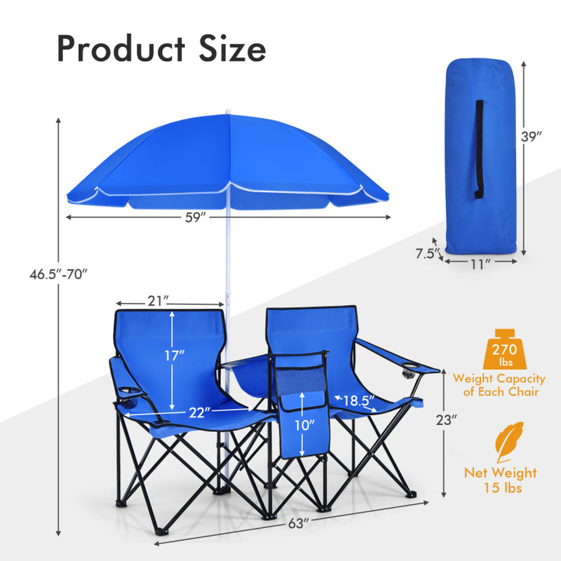 Portable Folding Picnic Double Chair with Removable Umbrella