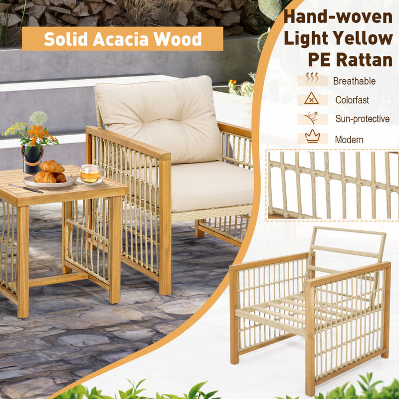 3 Pieces Patio PE Wicker Conversation Set with Acacia Wood Frame and Cushions
