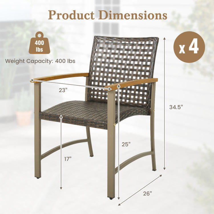 Set of 4 Patio Rattan Dining Chairs with Acacia Wood Armrests